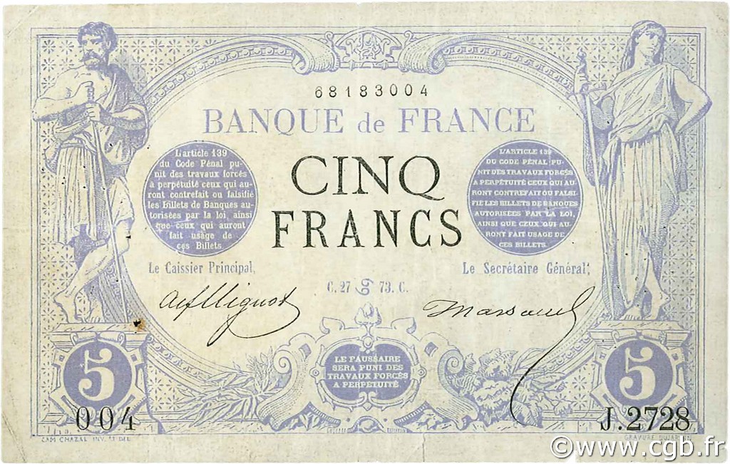 5 Francs NOIR FRANCE  1873 F.01.19 B à TB