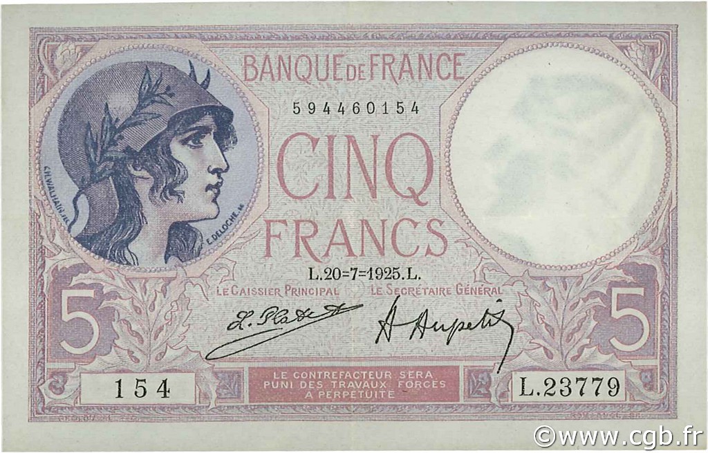 5 Francs FEMME CASQUÉE FRANCE  1925 F.03.09 pr.SUP