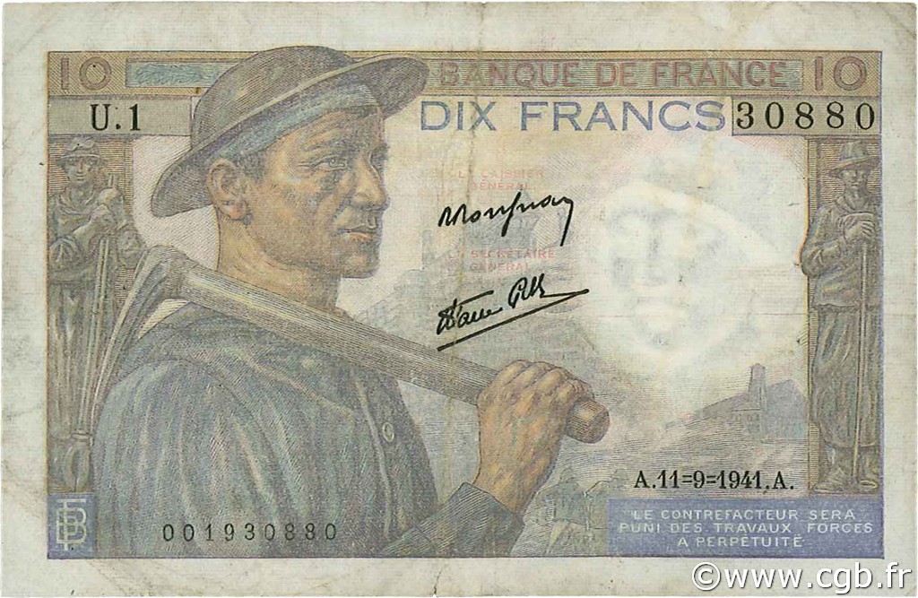 10 Francs MINEUR FRANCE  1941 F.08.01 TB