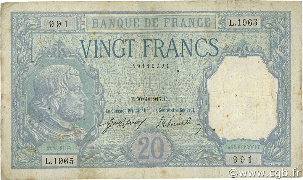 20 Francs BAYARD FRANCE  1917 F.11.02 B à TB