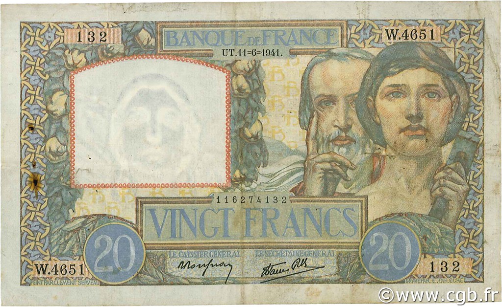 20 Francs TRAVAIL ET SCIENCE FRANCE  1941 F.12.15 TB+