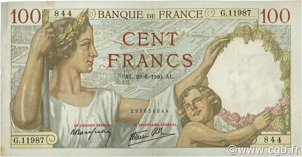 100 Francs SULLY FRANCE  1940 F.26.32 TTB+