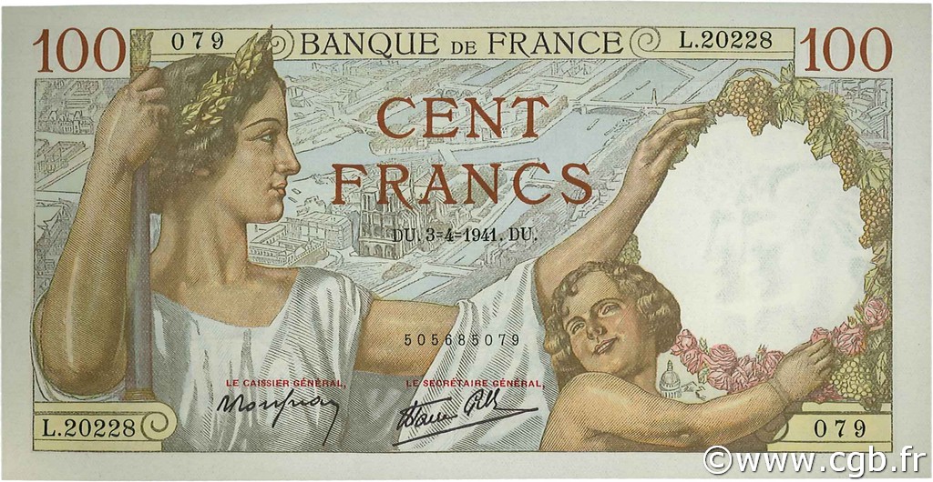 100 Francs SULLY FRANCE  1941 F.26.49 pr.NEUF