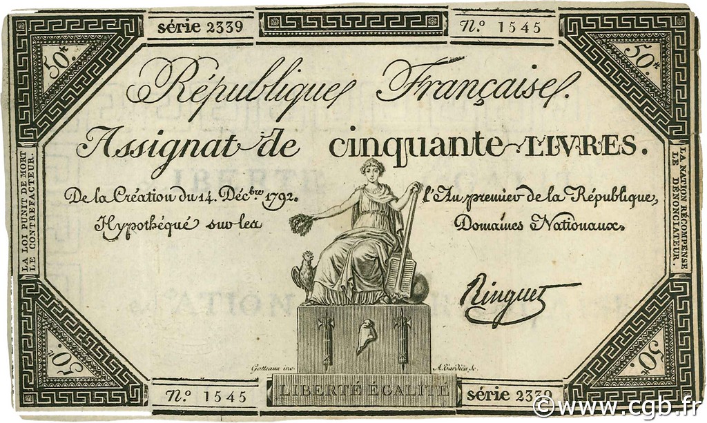 50 Livres FRANCE  1792 Ass.39a TTB+