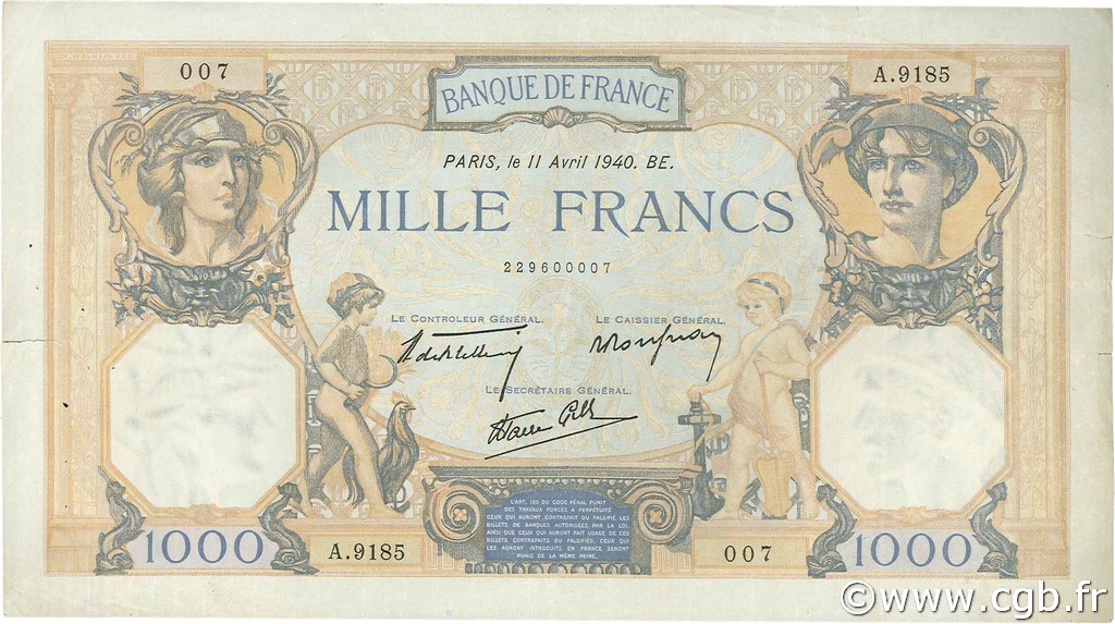 1000 Francs CÉRÈS ET MERCURE type modifié FRANCIA  1940 F.38.45 BB