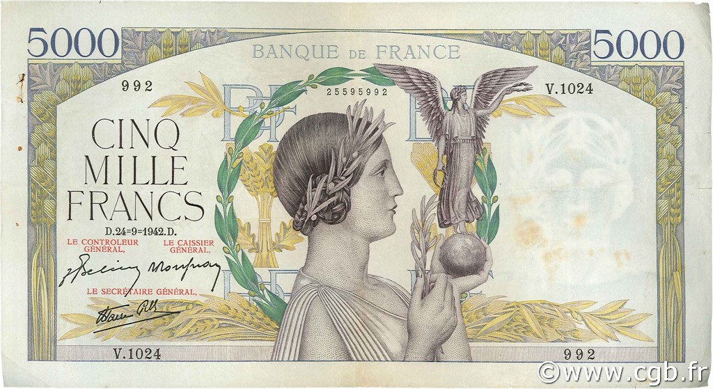 5000 Francs VICTOIRE Impression à plat FRANCE  1942 F.46.41 TTB