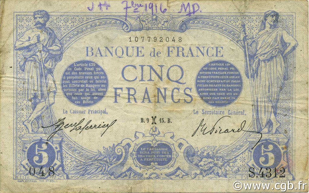 5 Francs BLEU FRANCE  1915 F.02.24 pr.TB