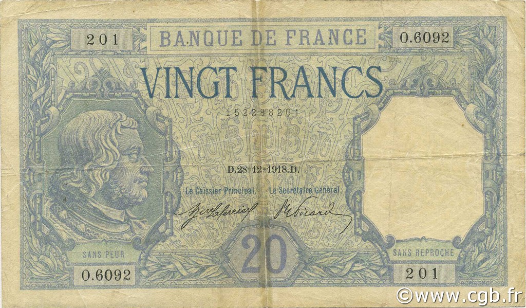 20 Francs BAYARD FRANCE  1918 F.11.03 TB+