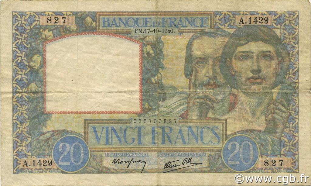20 Francs TRAVAIL ET SCIENCE FRANCE  1940 F.12.09 TTB
