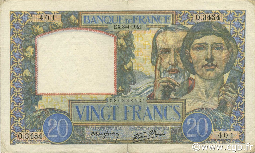 20 Francs TRAVAIL ET SCIENCE FRANCE  1941 F.12.13 TTB+