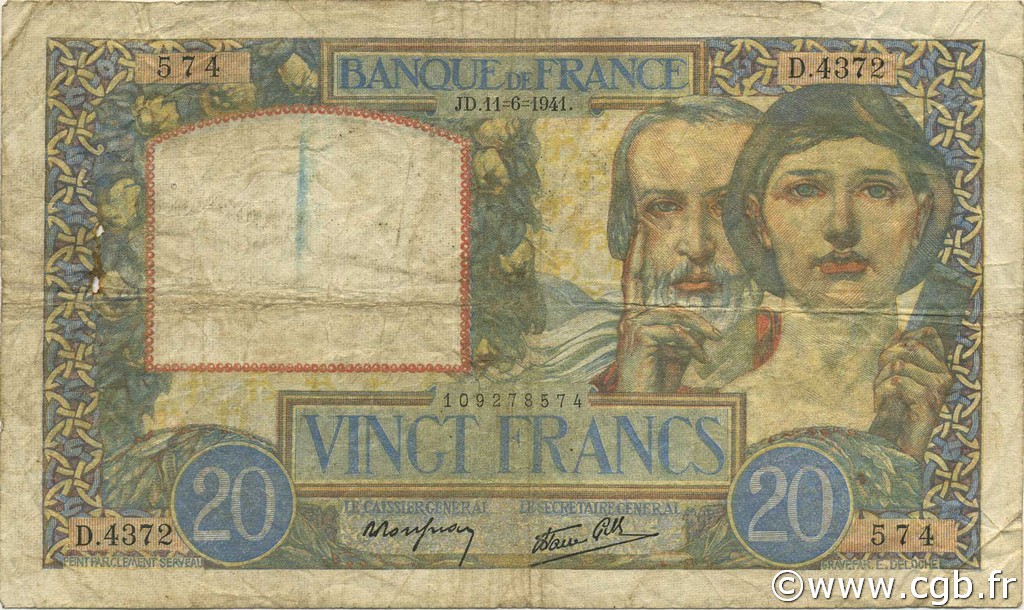 20 Francs TRAVAIL ET SCIENCE FRANCE  1941 F.12.15 B+
