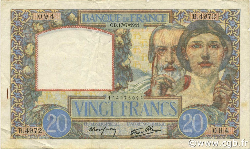 20 Francs TRAVAIL ET SCIENCE FRANCE  1941 F.12.16 TTB