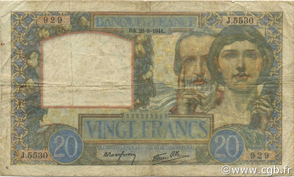 20 Francs TRAVAIL ET SCIENCE FRANCE  1941 F.12.17 B+