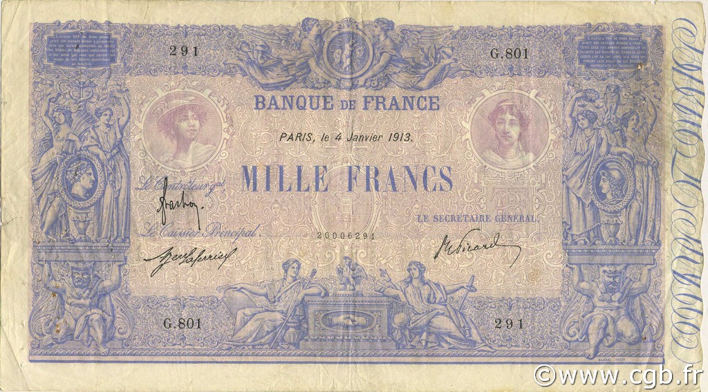 1000 Francs BLEU ET ROSE FRANCE  1913 F.36.27 VG