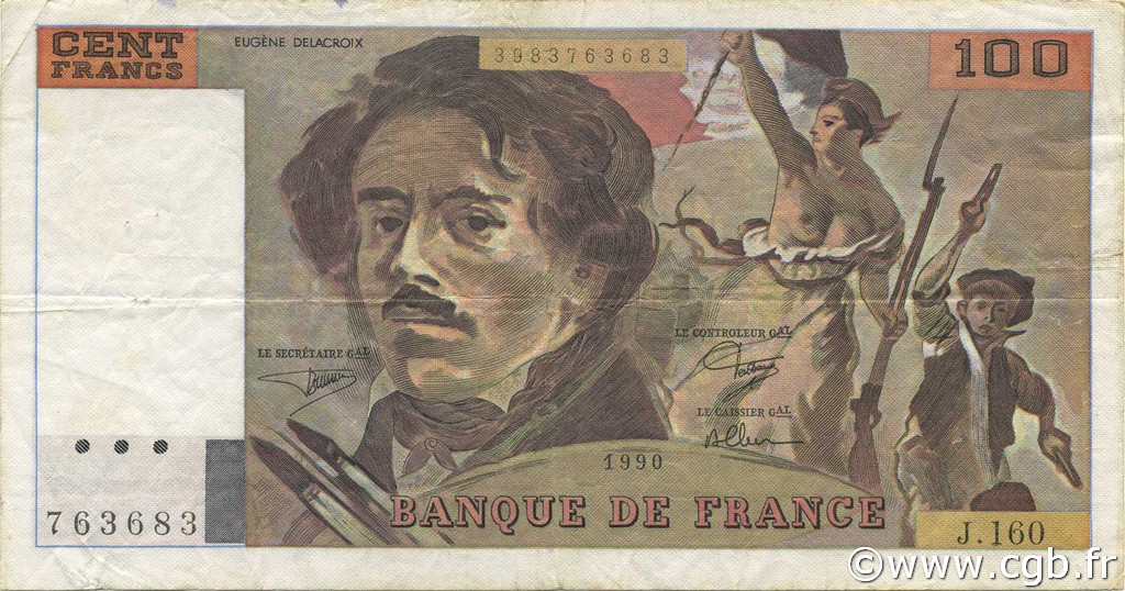 100 Francs DELACROIX imprimé en continu FRANCE  1990 F.69bis.02b TTB