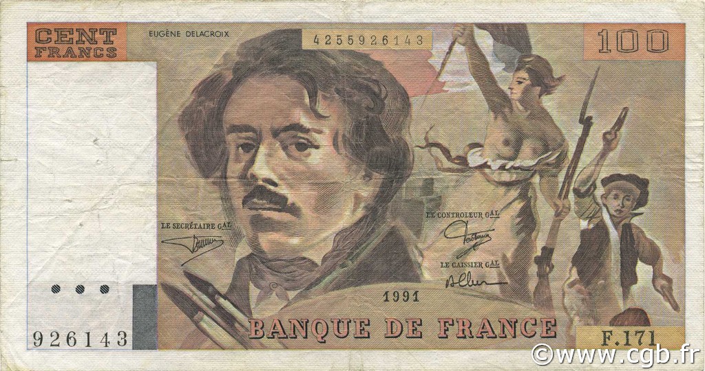 100 Francs DELACROIX imprimé en continu FRANCE  1991 F.69bis.03a2 TB+