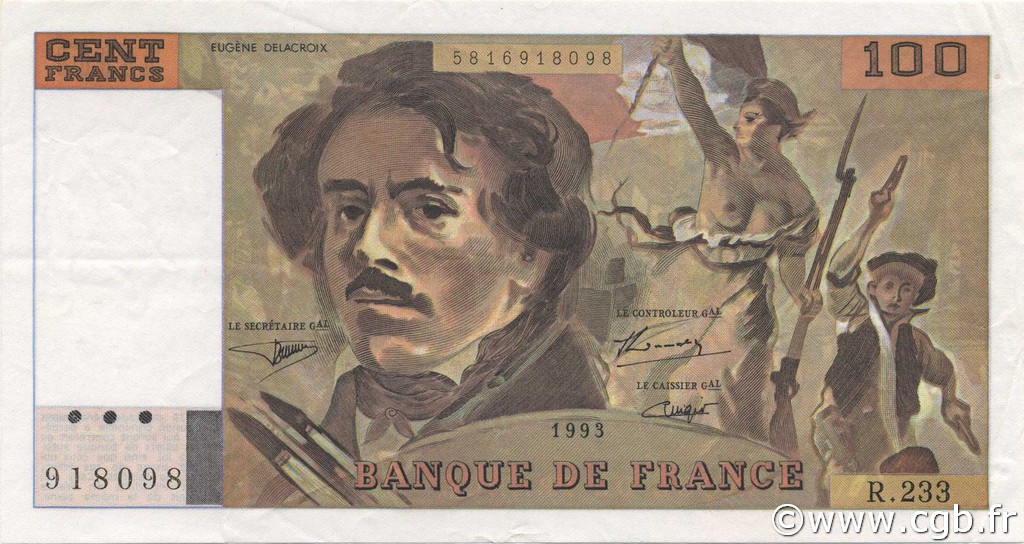 100 Francs DELACROIX imprimé en continu FRANCE  1993 F.69bis.08 SUP+