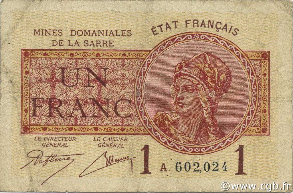 1 Franc MINES DOMANIALES DE LA SARRE FRANCE  1920 VF.51.01 TB