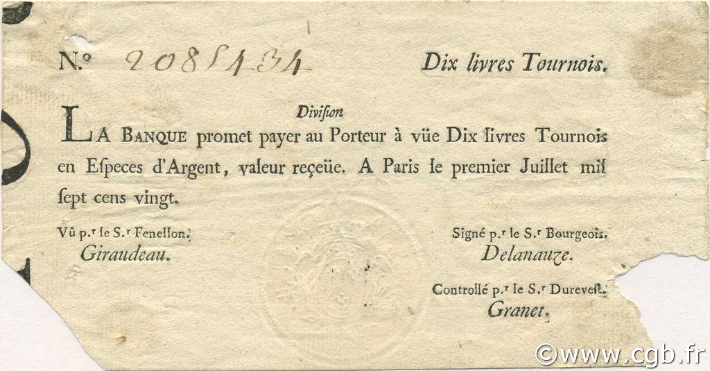 10 Livres Tournois typographié FRANCE  1720 Laf.093 TB