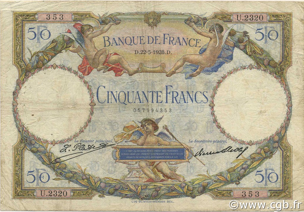 50 Francs LUC OLIVIER MERSON FRANCE  1928 F.15.02 pr.TB