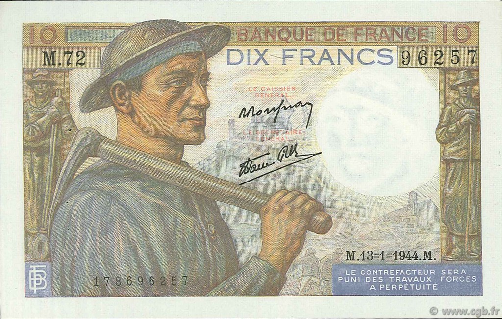 10 Francs MINEUR FRANCE  1944 F.08.10 XF+