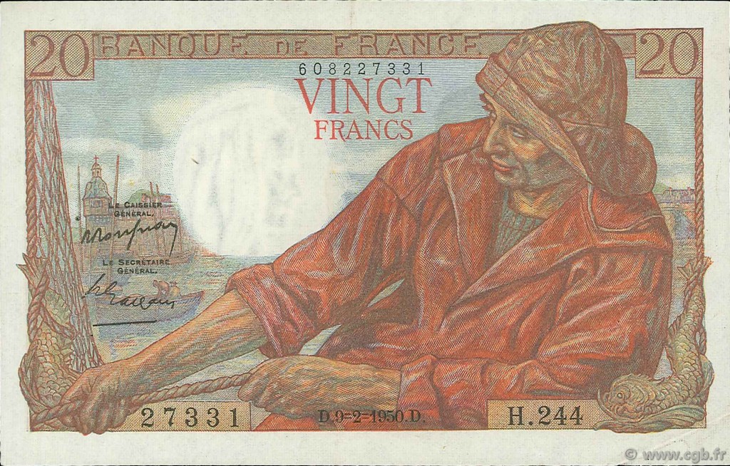 20 Francs PÊCHEUR FRANCE  1950 F.13.17 XF