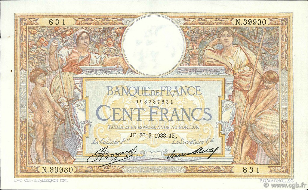 100 Francs LUC OLIVIER MERSON grands cartouches FRANCE  1933 F.24.12 pr.SUP