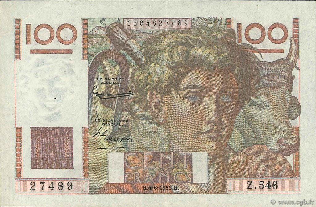 100 Francs JEUNE PAYSAN FRANCE  1953 F.28.37 XF