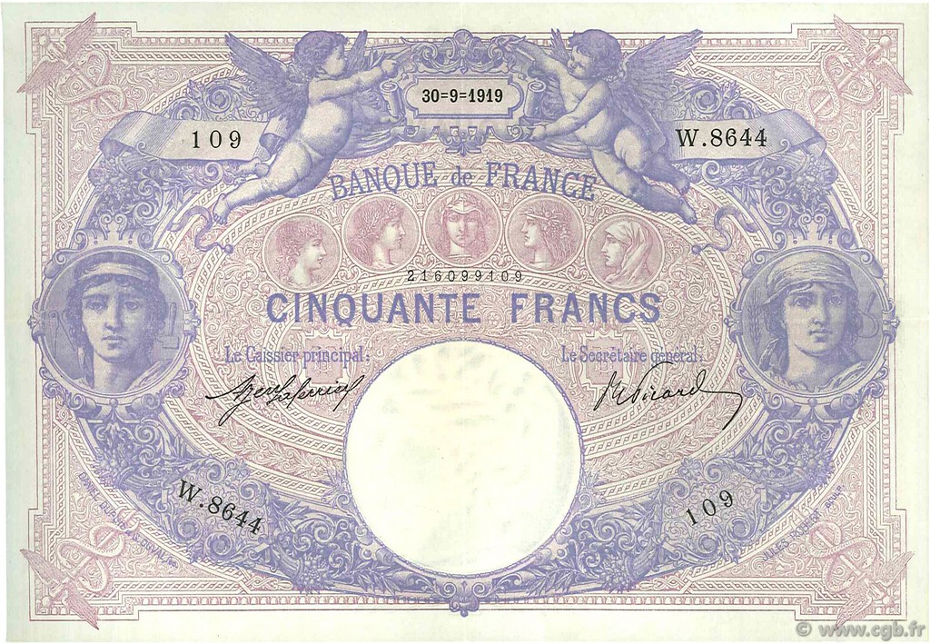 50 Francs BLEU ET ROSE FRANCE  1919 F.14.32 SUP