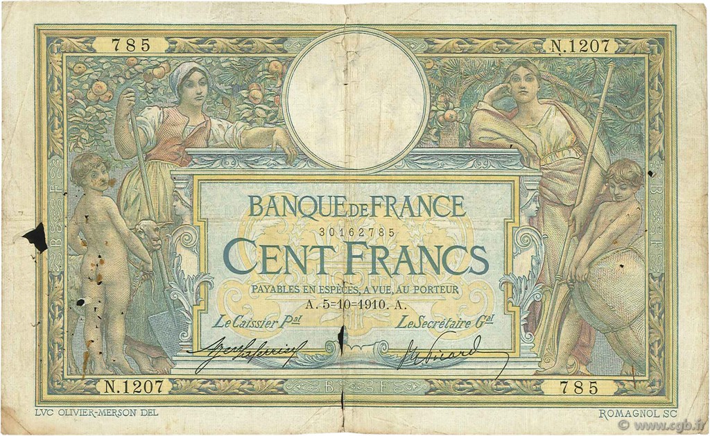 100 Francs LUC OLIVIER MERSON sans LOM FRANCE  1910 F.23.02 pr.B