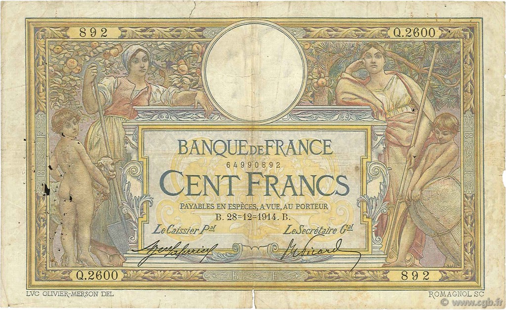 100 Francs LUC OLIVIER MERSON sans LOM Grand numéro FRANCE  1914 F.23.06 B