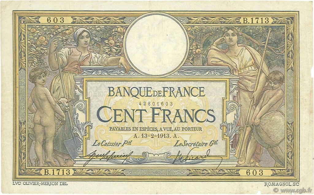 100 Francs LUC OLIVIER MERSON sans LOM FRANCE  1913 F.23.05 TB