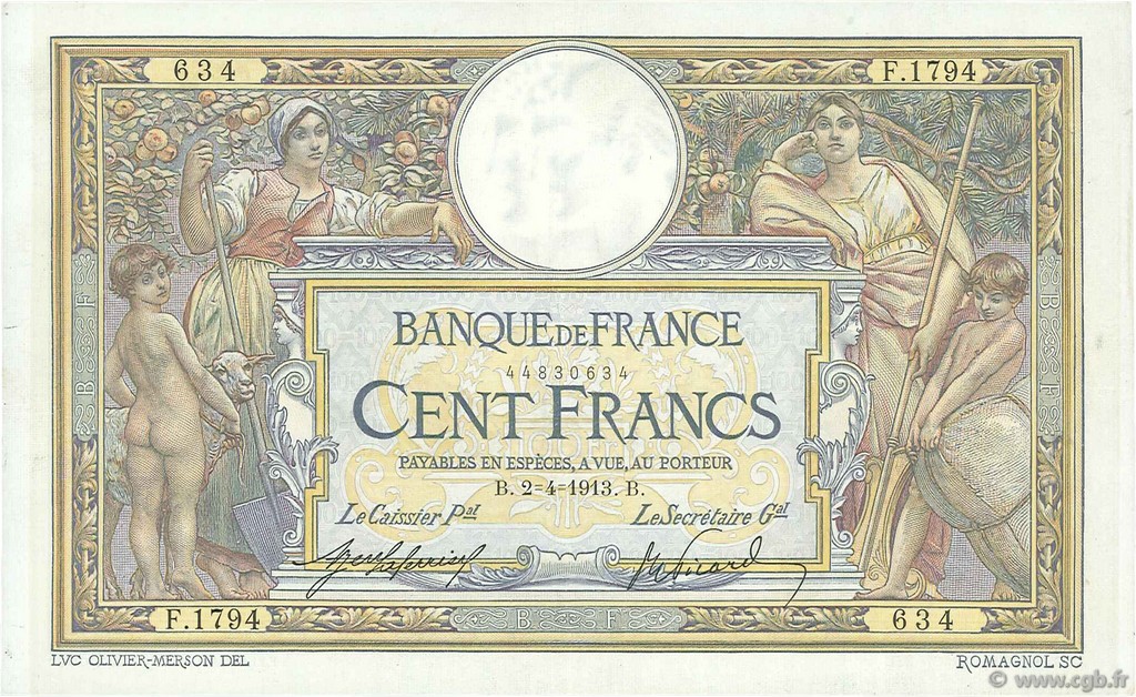 100 Francs LUC OLIVIER MERSON sans LOM FRANCE  1913 F.23.05 TTB+