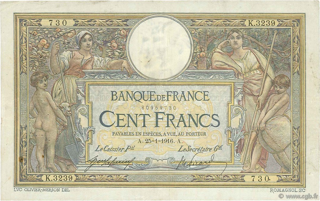 100 Francs LUC OLIVIER MERSON sans LOM FRANCE  1916 F.23.08 TB+
