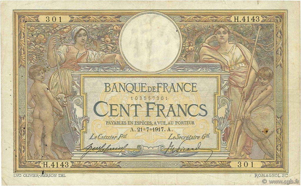100 Francs LUC OLIVIER MERSON sans LOM FRANCE  1917 F.23.09a B+