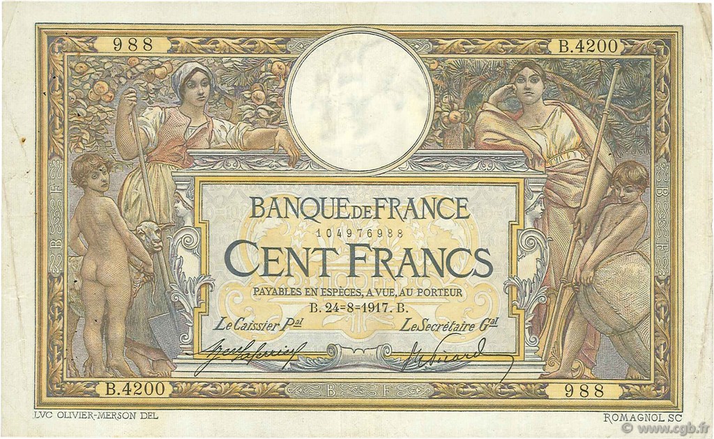 100 Francs LUC OLIVIER MERSON sans LOM FRANCE  1917 F.23.09a TB+
