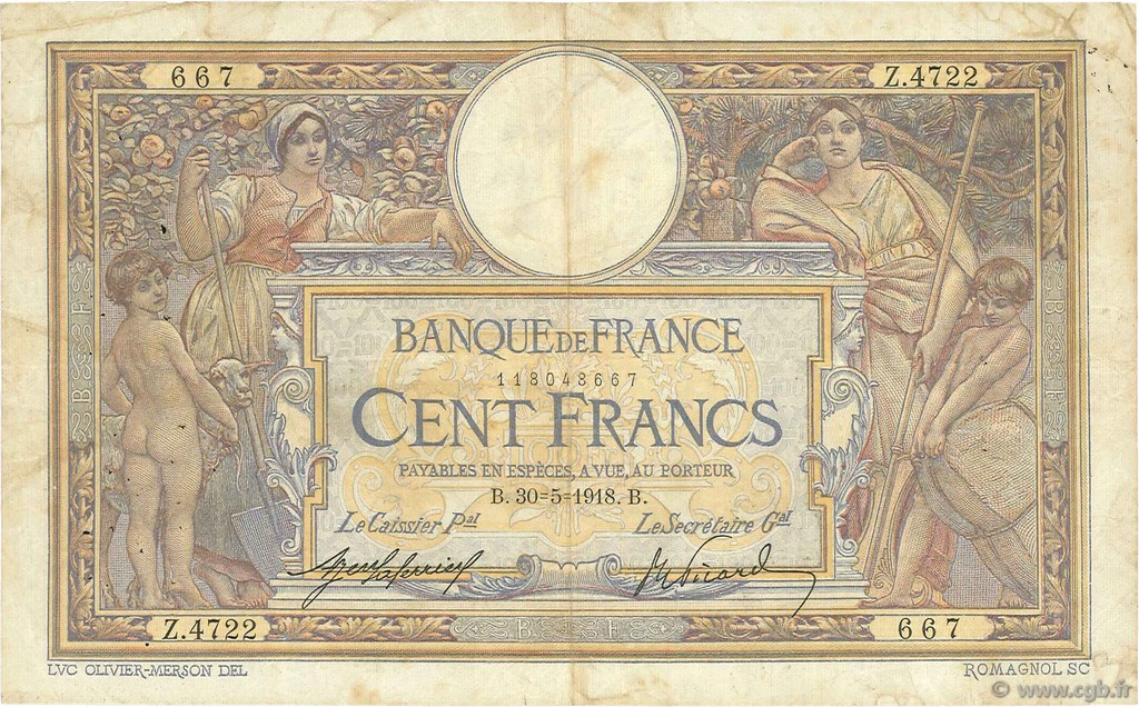 100 Francs LUC OLIVIER MERSON sans LOM FRANCE  1918 F.23.10 TB