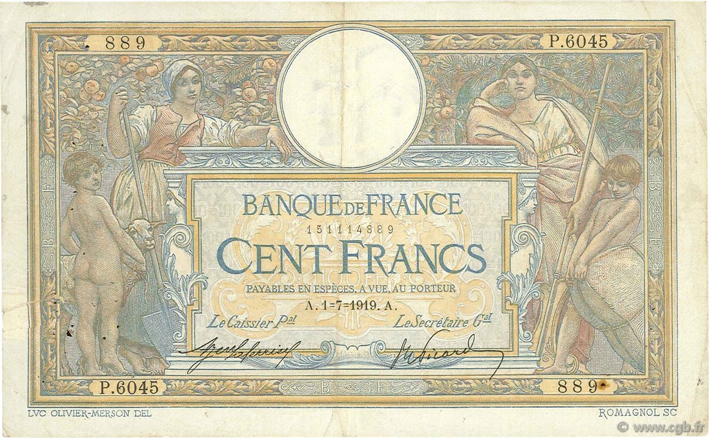 100 Francs LUC OLIVIER MERSON sans LOM FRANCE  1919 F.23.11 TB+