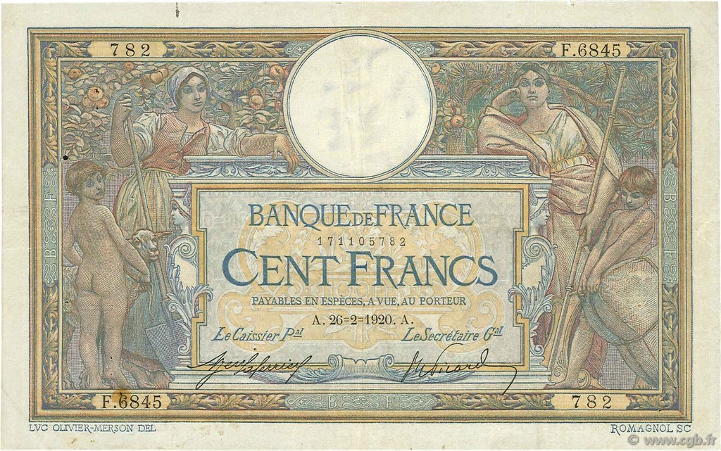 100 Francs LUC OLIVIER MERSON sans LOM FRANCE  1920 F.23.12 VF-