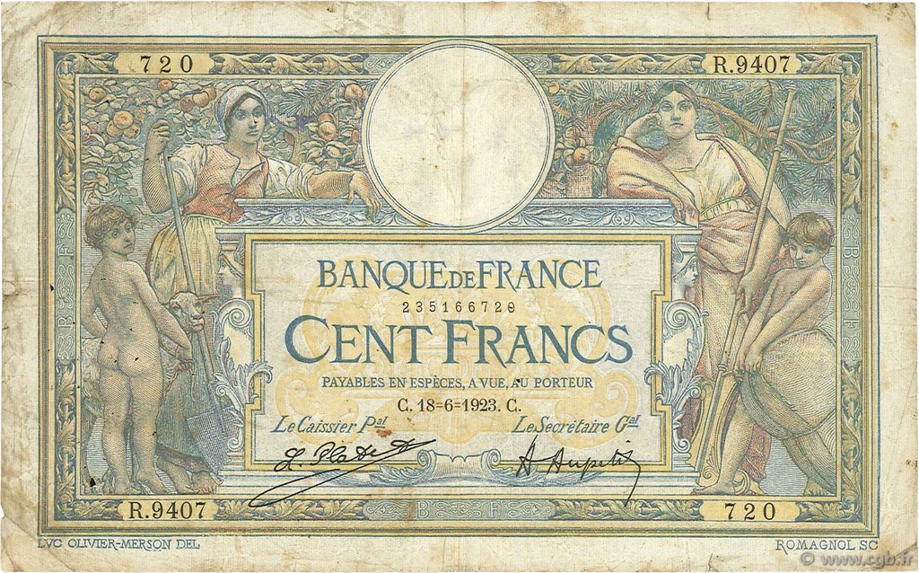100 Francs LUC OLIVIER MERSON sans LOM FRANCE  1923 F.23.16 B