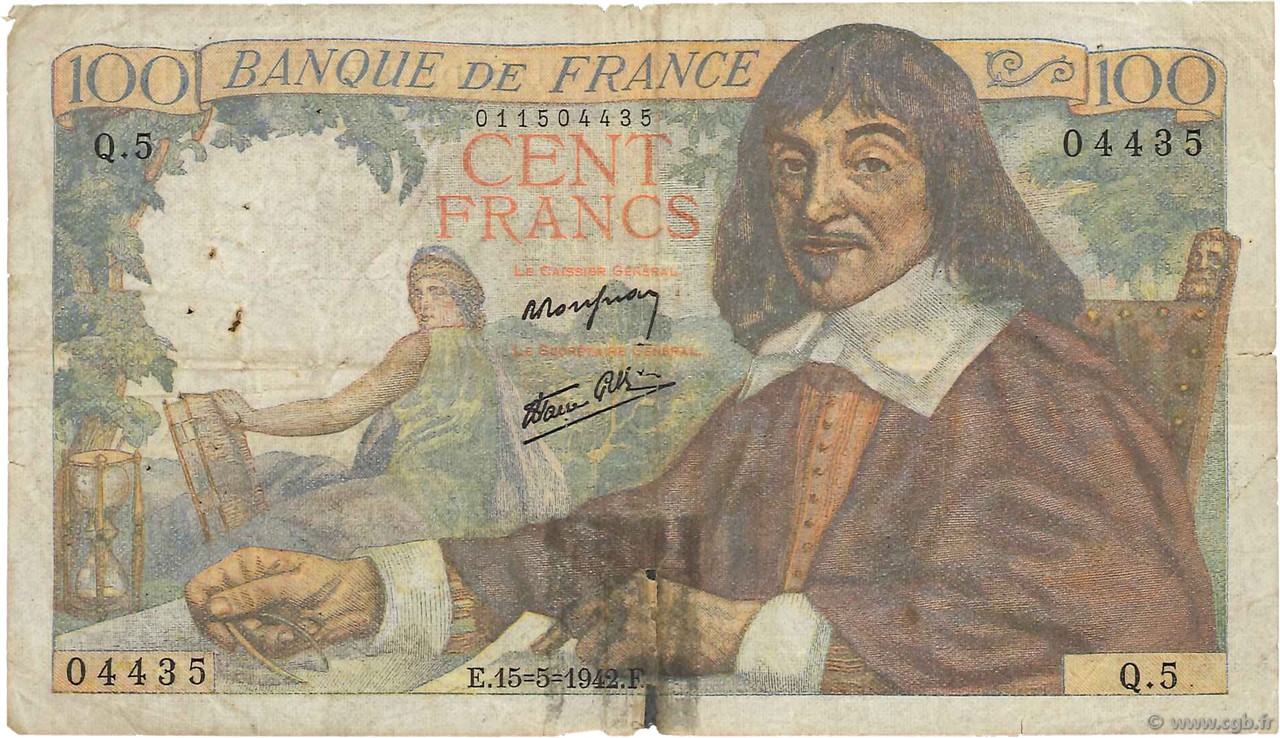 100 Francs DESCARTES FRANCE  1942 F.27.01 B+
