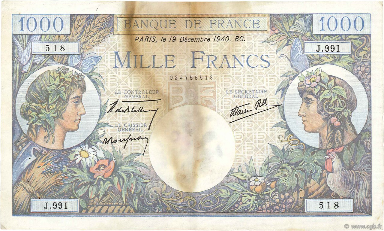1000 Francs COMMERCE ET INDUSTRIE FRANCE 1940 F.39.03 TTB