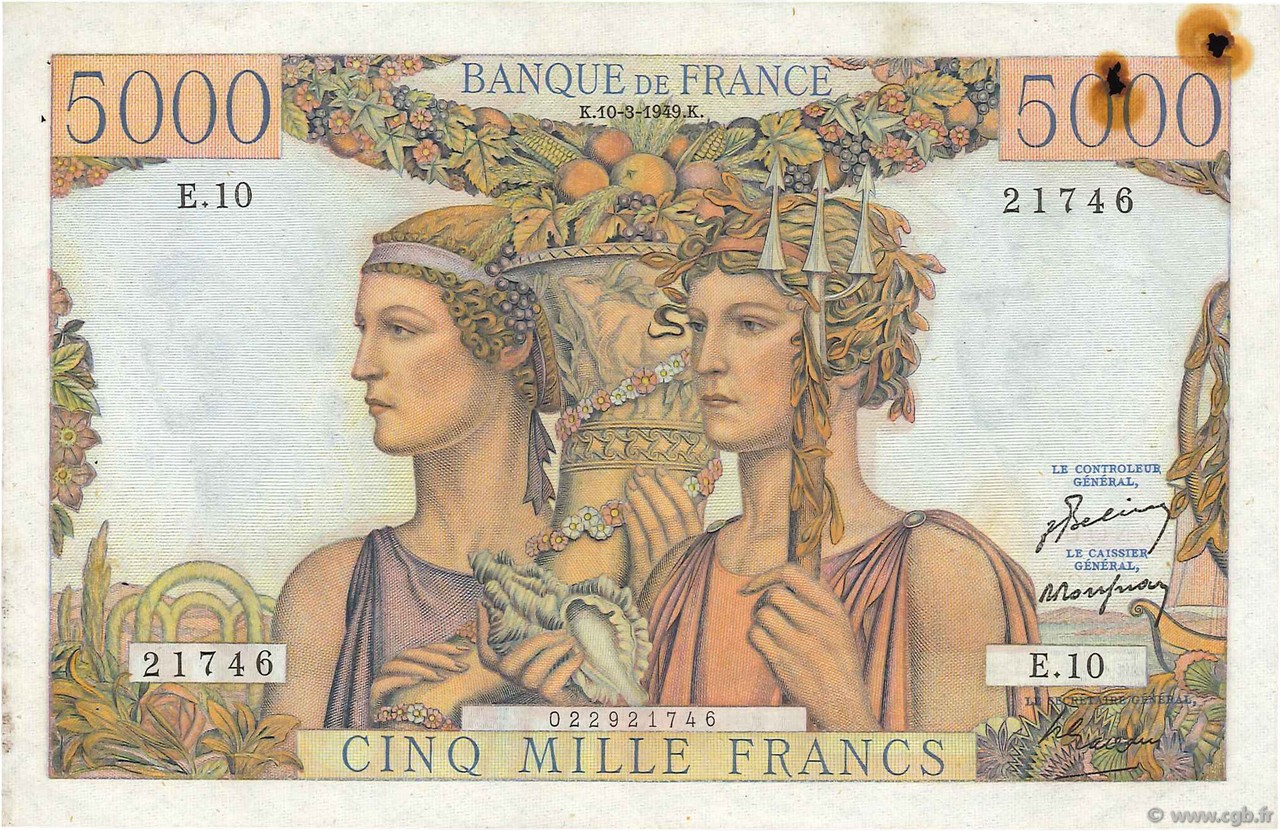 5000 Francs TERRE ET MER FRANCE  1949 F.48.01 XF-
