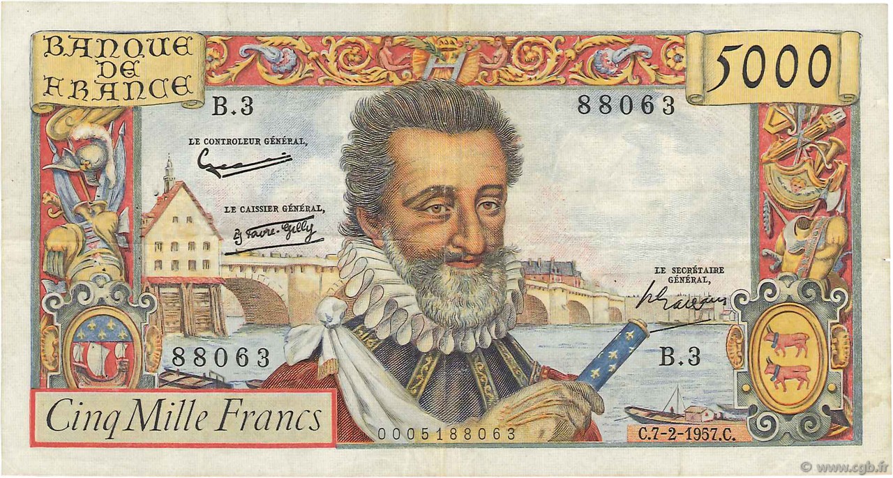 5000 Francs HENRI IV FRANCE  1957 F.49.01 TB à TTB