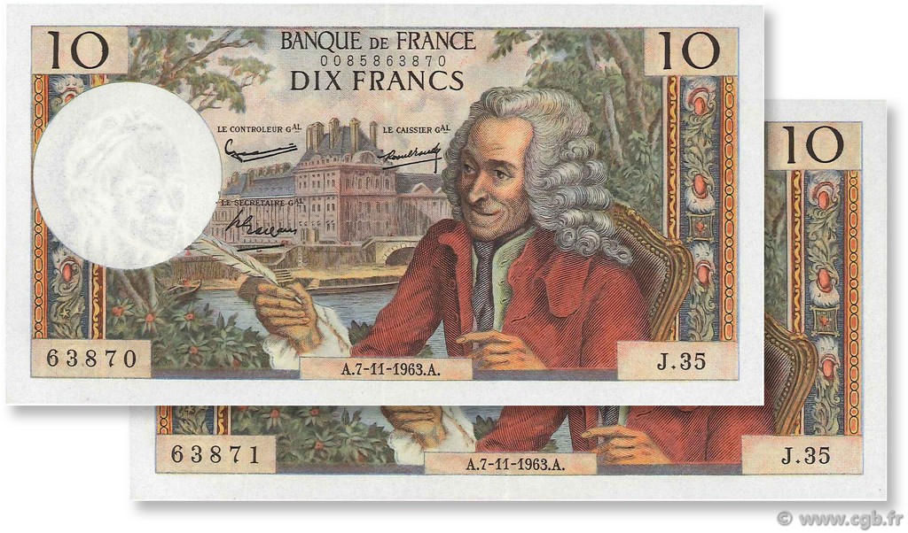 10 Francs VOLTAIRE Consécutifs FRANCE  1963 F.62.05 SPL