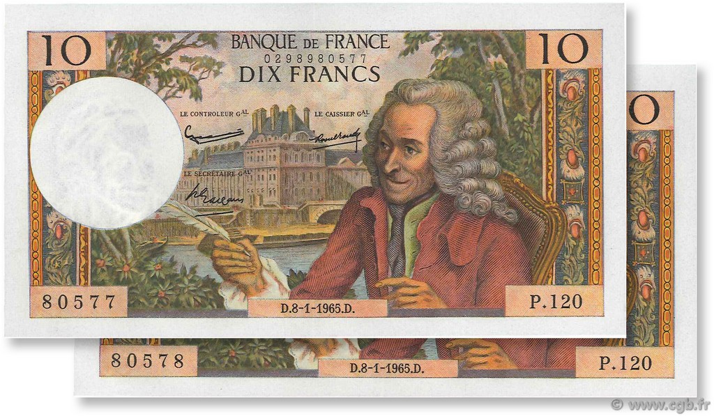 10 Francs VOLTAIRE Consécutifs FRANCE  1965 F.62.12 SUP+