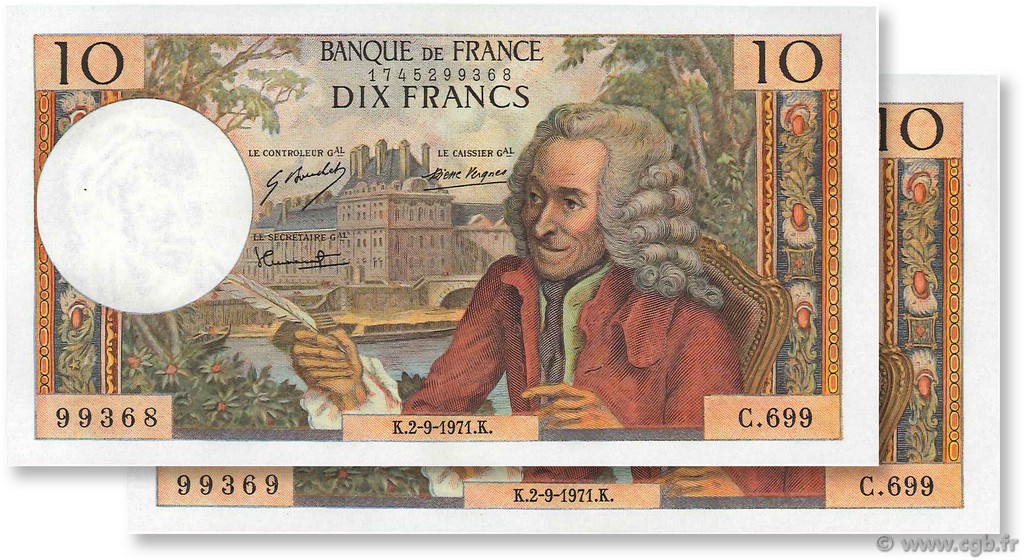10 Francs VOLTAIRE Consécutifs FRANCE  1971 F.62.51 pr.SPL