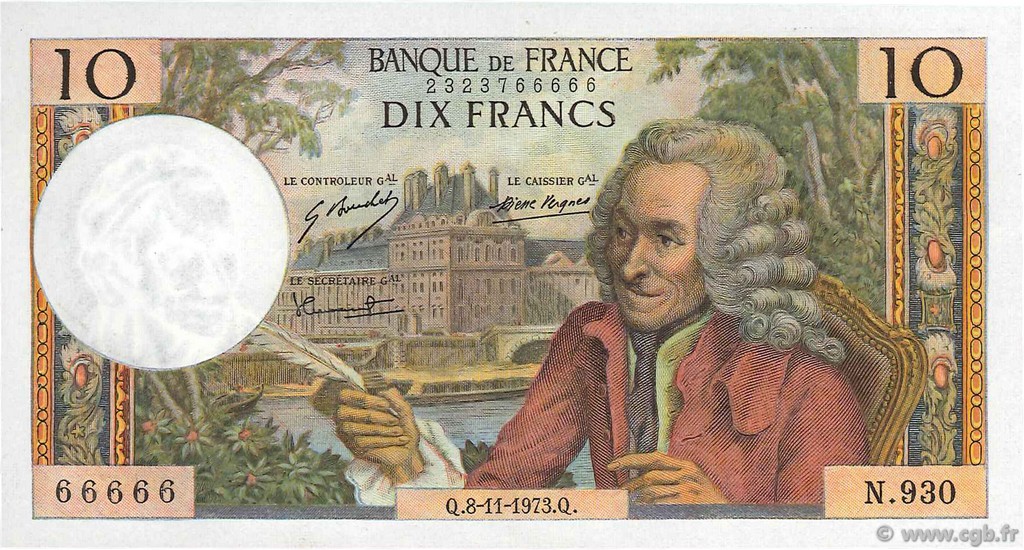 10 Francs VOLTAIRE Numéro spécial FRANCE  1973 F.62.64 SUP+