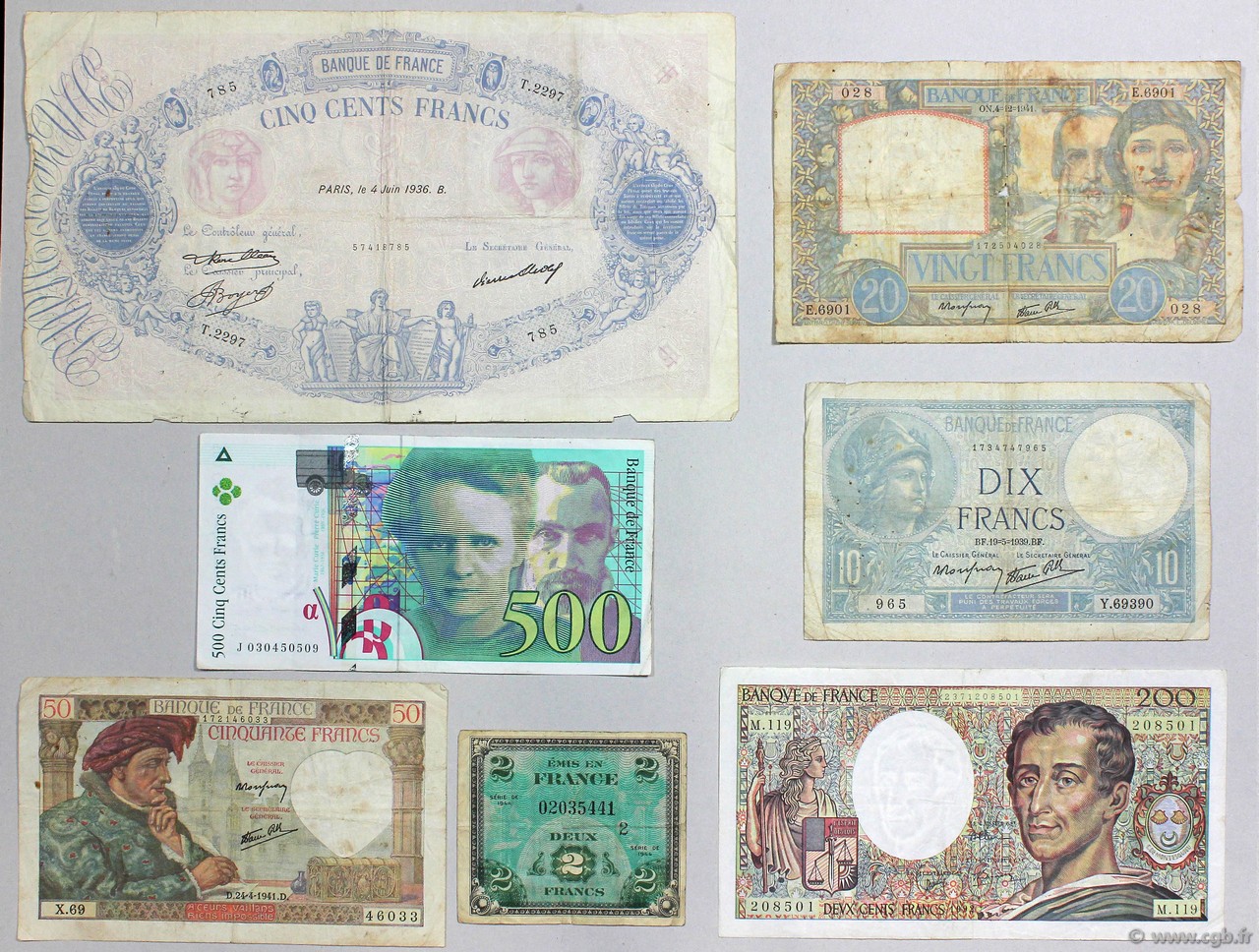 Lot de 7 billets : Pour Débuter une collection FRANCE  1939 F.07-12-19-30-70-76-VF.16 B à TB