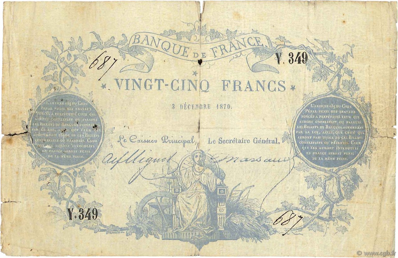 25 Francs type 1870 - Clermont-Ferrand FRANCE  1870 F.A44.01 B